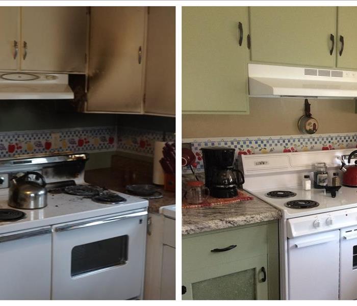 A picture of a kitchen with before and after picture of fire damage.