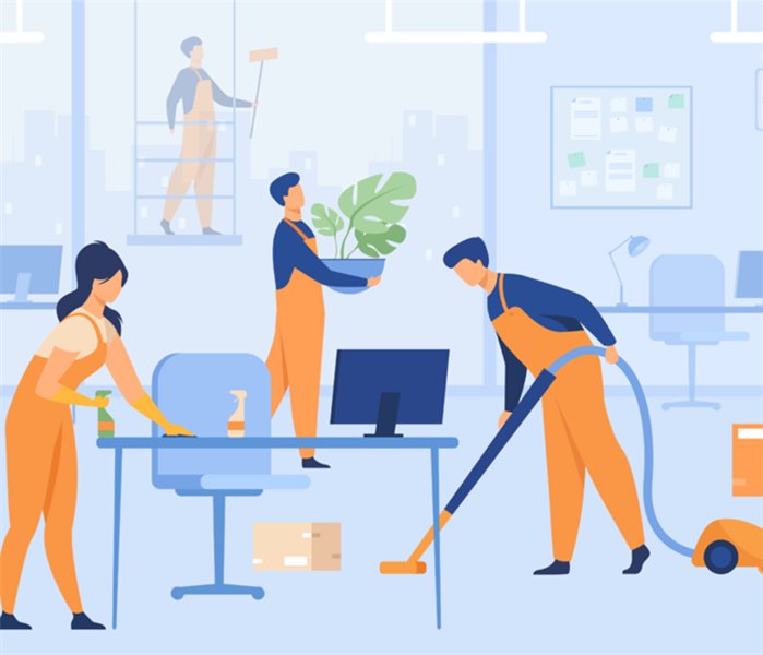 A picture of individuals that are cleaning their office/ shop.